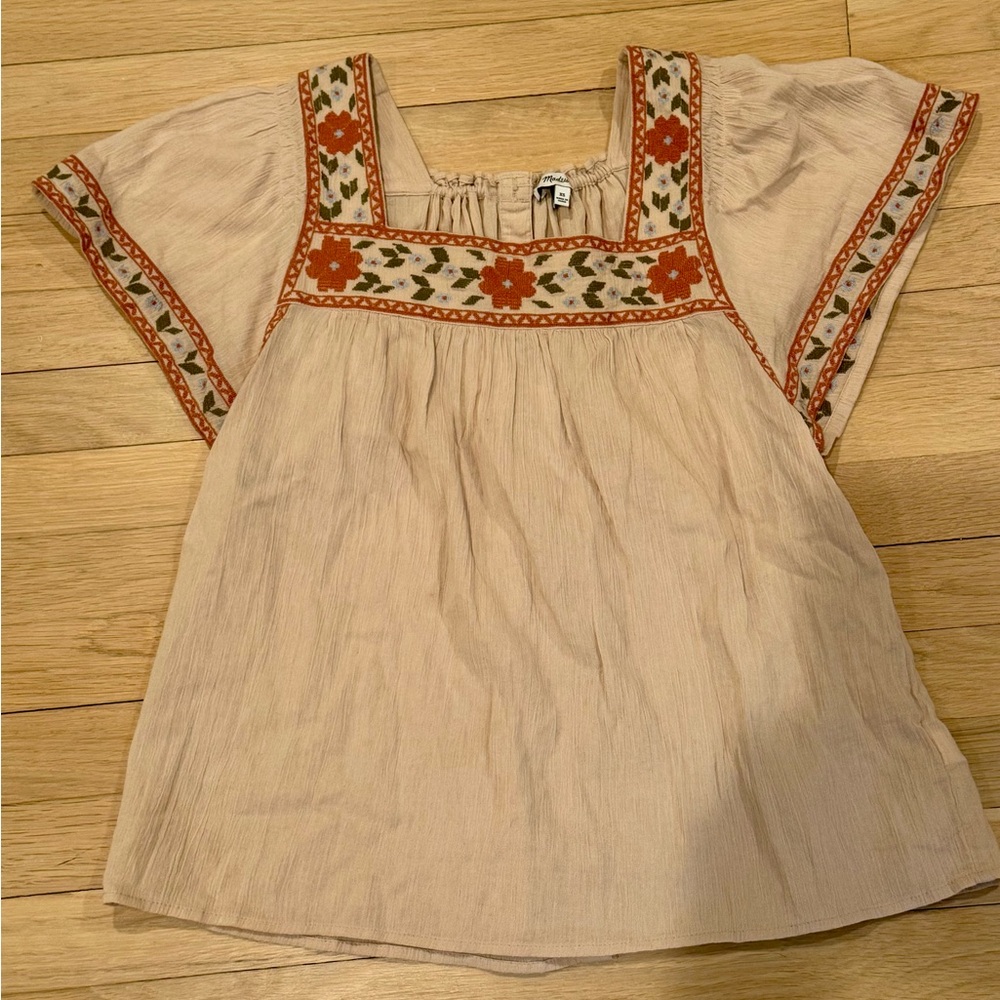 Madewell Pink Boho Embroidered Peasant Top with Floral Trim